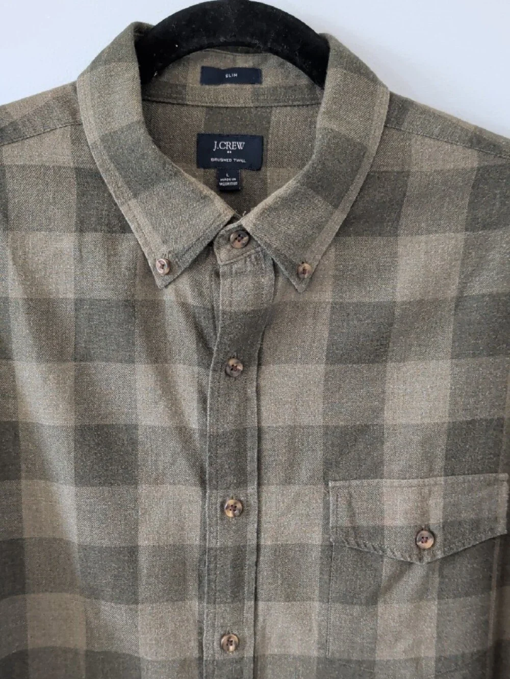 J. Crew Olive and Dark Green Plaid Lightweight Flannel Button-Down Shirt L